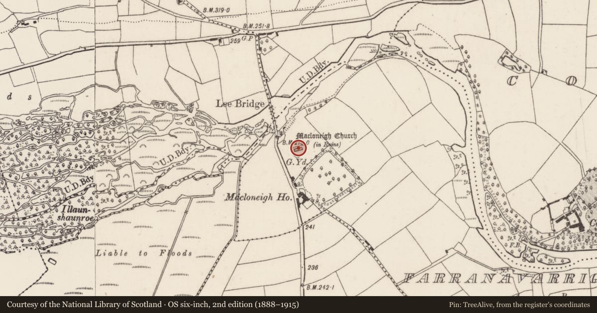 Ordnance Survey six-inch map, 2nd edition (1888–1915) covering the location of Church, Farranavarrigane, County Cork, with a pin at the register's coordinates