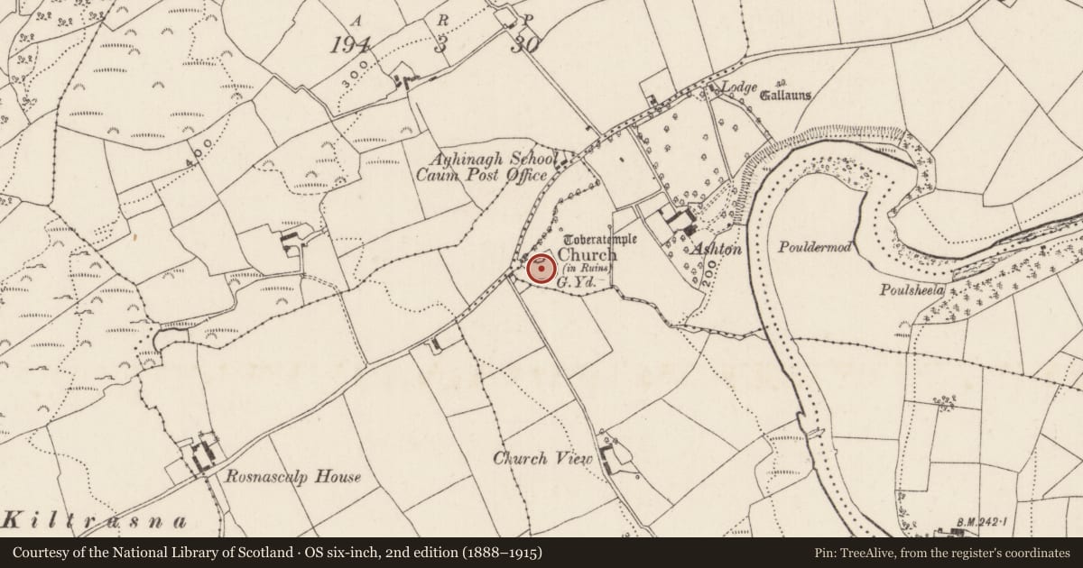 Ordnance Survey six-inch map, 2nd edition (1888–1915) covering the location of Graveyard, Caum, County Cork, with a pin at the register's coordinates