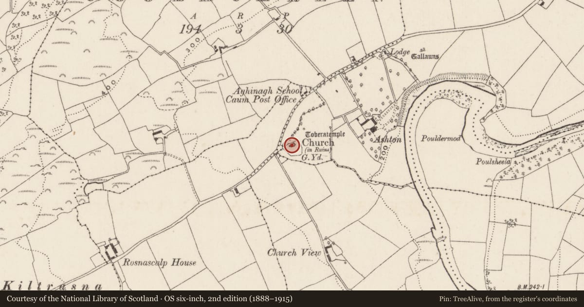 Ordnance Survey six-inch map, 2nd edition (1888–1915) covering the location of Church, Caum, County Cork, with a pin at the register's coordinates