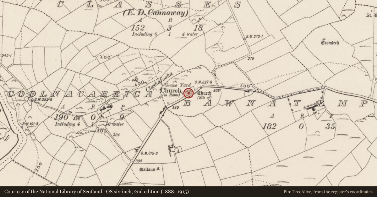 Ordnance Survey six-inch map, 2nd edition (1888–1915) covering the location of Ecclesiastical enclosure, Bawnatemple, County Cork, with a pin at the register's coordinates