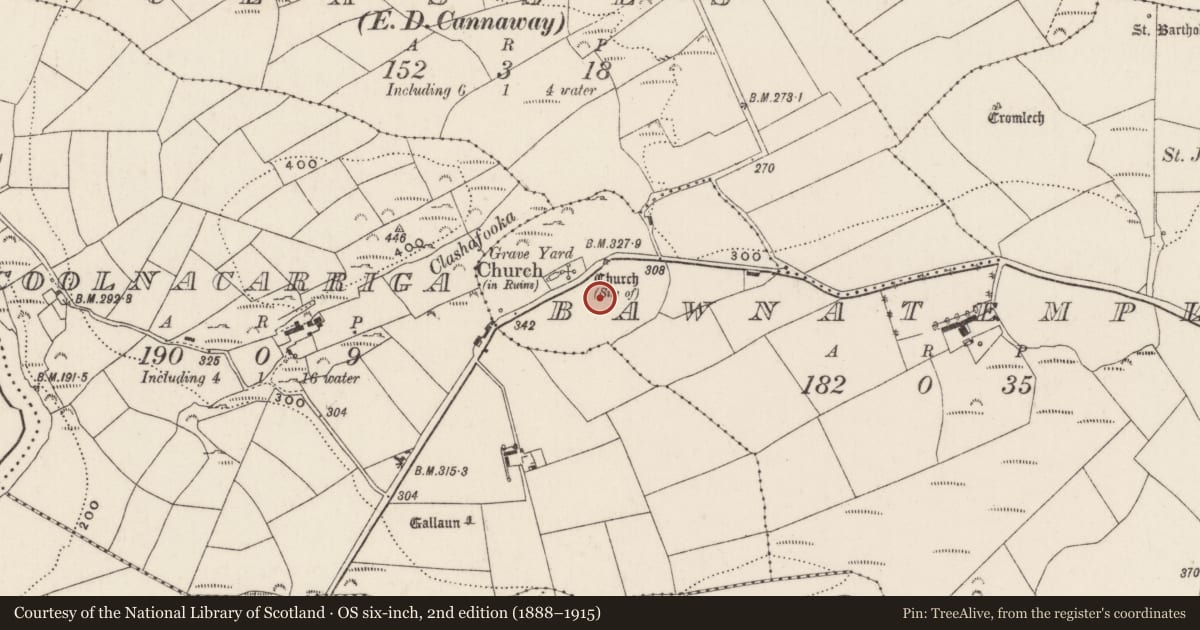 Ordnance Survey six-inch map, 2nd edition (1888–1915) covering the location of Graveyard, Bawnatemple, County Cork, with a pin at the register's coordinates