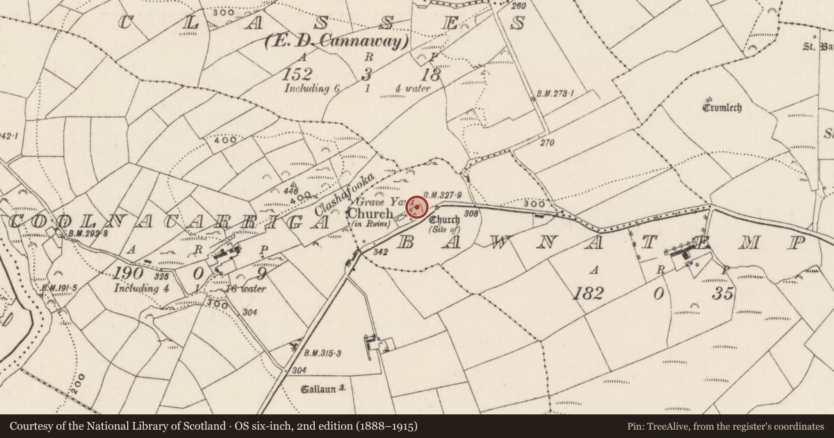 Ordnance Survey six-inch map, 2nd edition (1888–1915) covering the location of Cross-slab, Bawnatemple, County Cork, with a pin at the register's coordinates