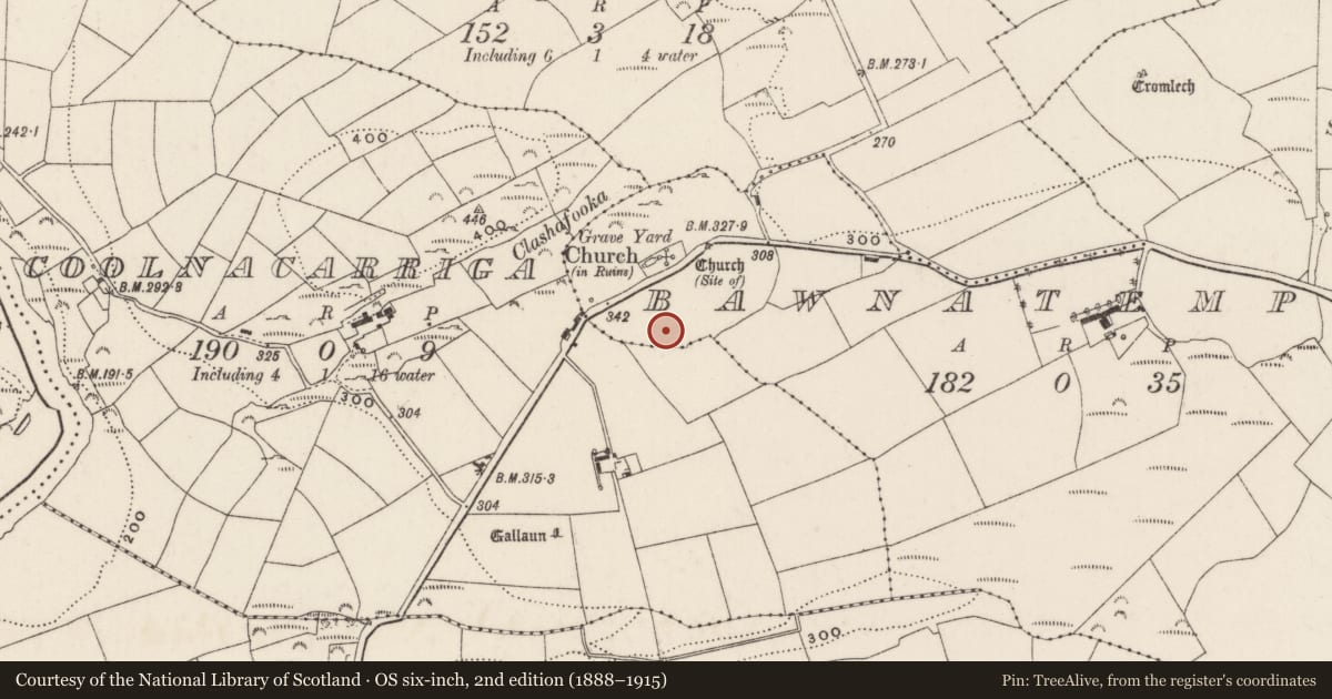 Ordnance Survey six-inch map, 2nd edition (1888–1915) covering the location of Souterrain, Bawnatemple, County Cork, with a pin at the register's coordinates