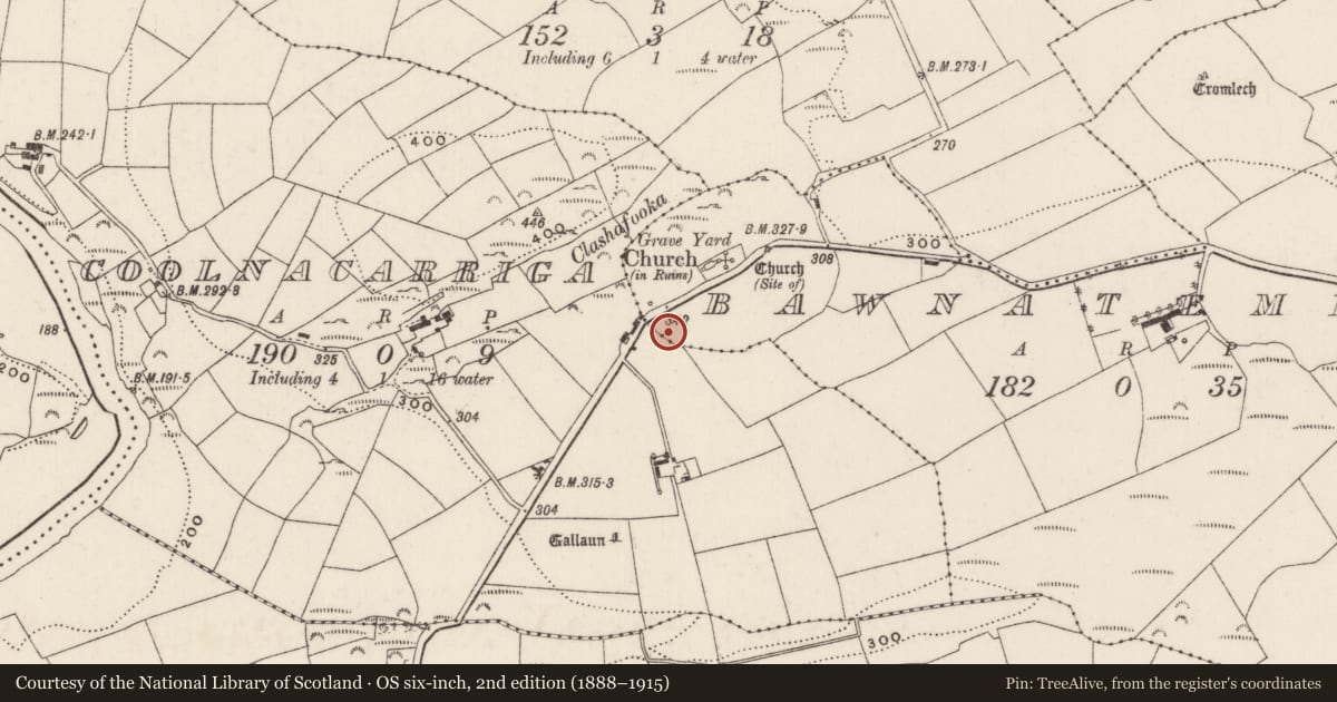 Ordnance Survey six-inch map, 2nd edition (1888–1915) covering the location of Souterrain, Bawnatemple, County Cork, with a pin at the register's coordinates