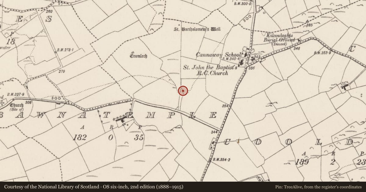Ordnance Survey six-inch map, 2nd edition (1888–1915) covering the location of Fulacht fia, Bawnatemple, County Cork, with a pin at the register's coordinates