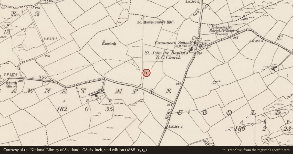 Ordnance Survey six-inch map, 2nd edition (1888–1915) covering the location of Fulacht fia, Bawnatemple, County Cork, with a pin at the register's coordinates