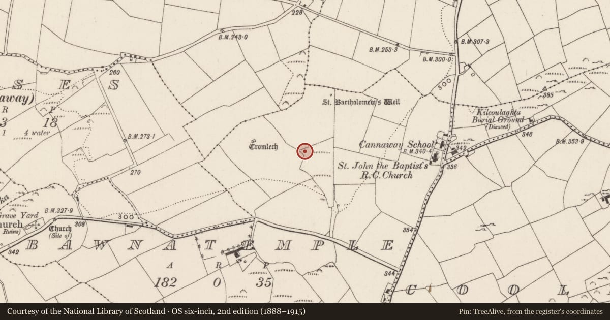 Ordnance Survey six-inch map, 2nd edition (1888–1915) covering the location of Fulacht fia, Bawnatemple, County Cork, with a pin at the register's coordinates