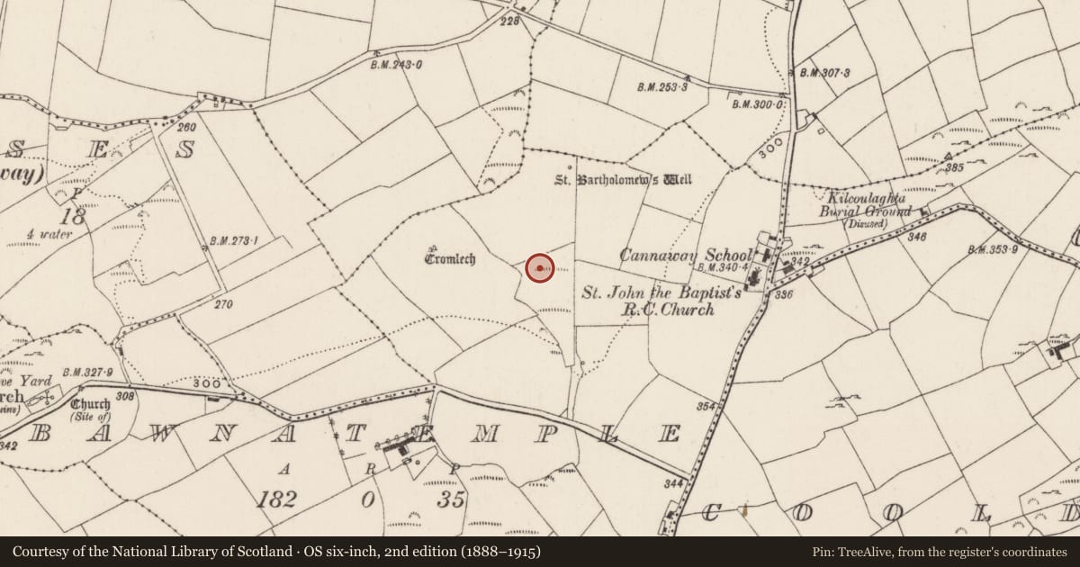 Ordnance Survey six-inch map, 2nd edition (1888–1915) covering the location of Fulacht fia, Bawnatemple, County Cork, with a pin at the register's coordinates