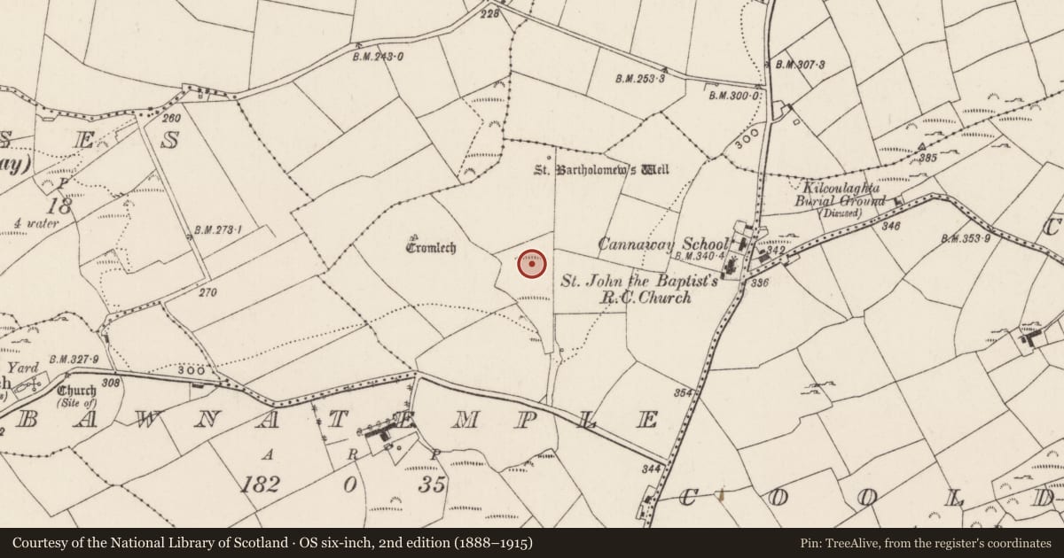 Ordnance Survey six-inch map, 2nd edition (1888–1915) covering the location of Fulacht fia, Bawnatemple, County Cork, with a pin at the register's coordinates
