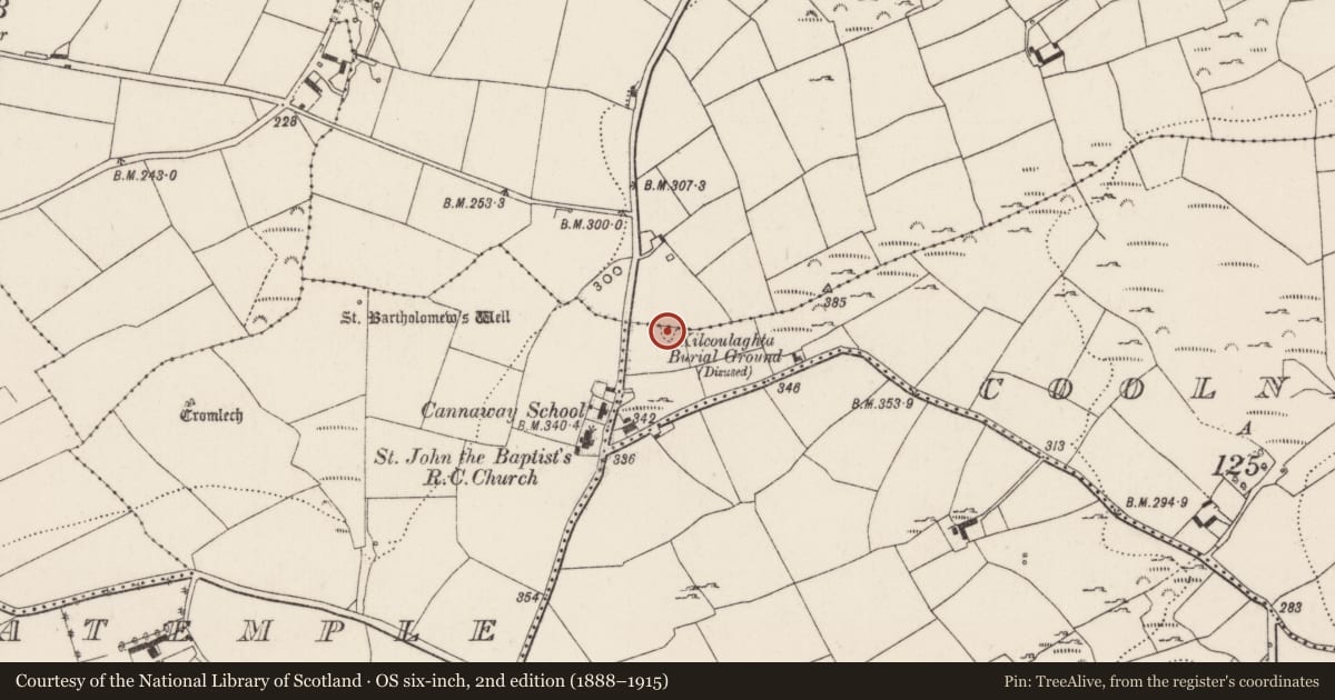 Ordnance Survey six-inch map, 2nd edition (1888–1915) covering the location of Ringfort - rath, Coolnasoon, County Cork, with a pin at the register's coordinates