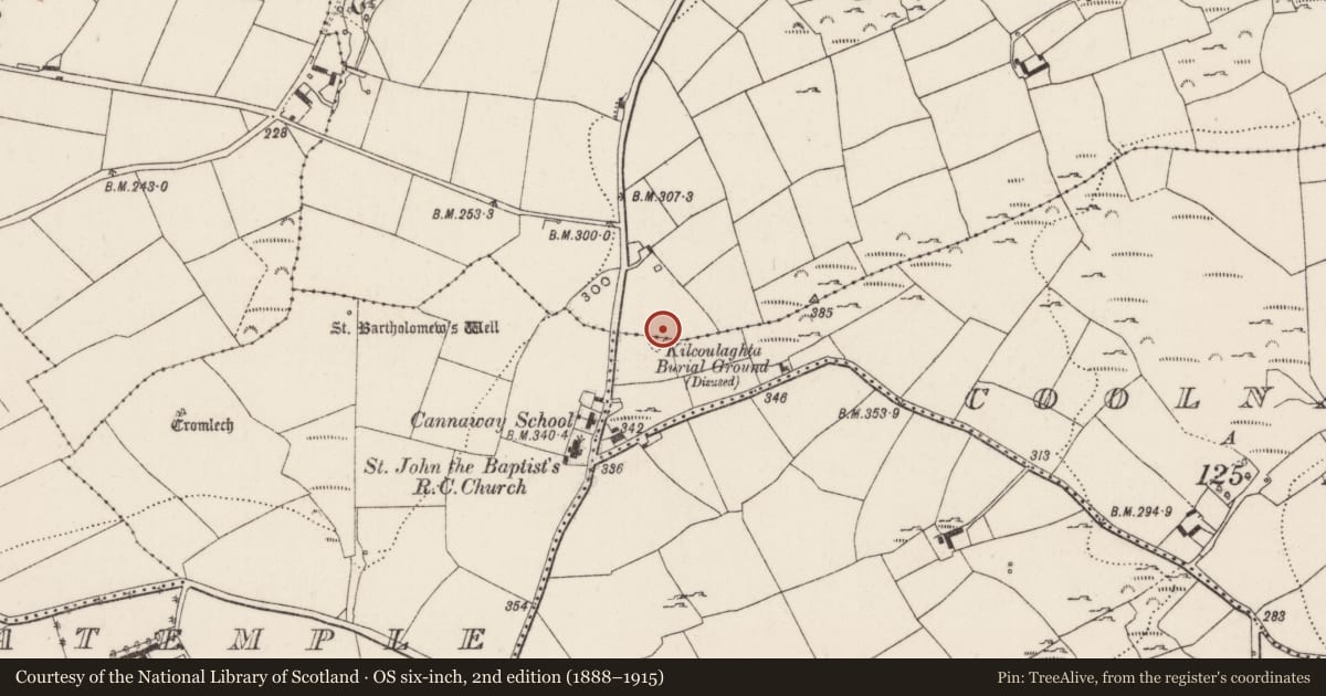 Ordnance Survey six-inch map, 2nd edition (1888–1915) covering the location of Souterrain, Killinardrish, County Cork, with a pin at the register's coordinates