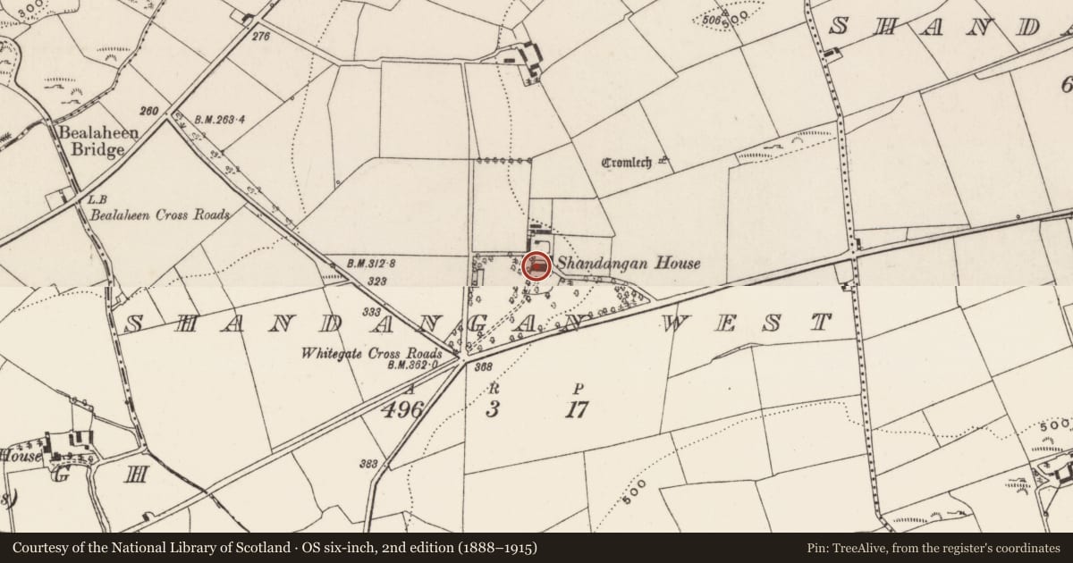 Ordnance Survey six-inch map, 2nd edition (1888–1915) covering the location of Country house, Shandangan West, County Cork, with a pin at the register's coordinates