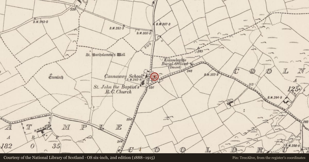 Ordnance Survey six-inch map, 2nd edition (1888–1915) covering the location of Fulacht fia, Coolnasoon, County Cork, with a pin at the register's coordinates