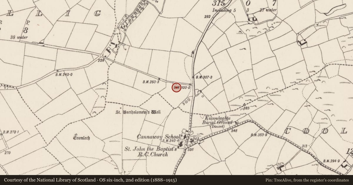 Ordnance Survey six-inch map, 2nd edition (1888–1915) covering the location of Fulacht fia, Killinardrish, County Cork, with a pin at the register's coordinates