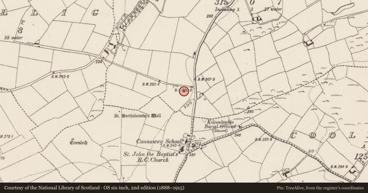 Ordnance Survey six-inch map, 2nd edition (1888–1915) covering the location of Fulacht fia, Killinardrish, County Cork, with a pin at the register's coordinates