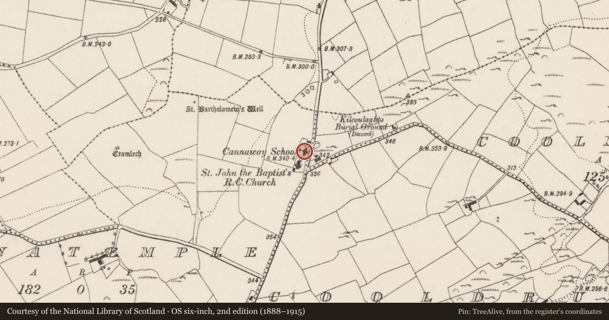 Ordnance Survey six-inch map, 2nd edition (1888–1915) covering the location of School, Coolnasoon, County Cork, with a pin at the register's coordinates