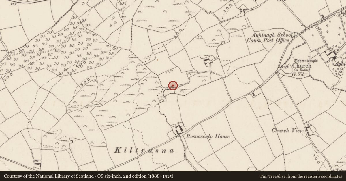 Ordnance Survey six-inch map, 2nd edition (1888–1915) covering the location of Burnt mound, Coolacareen, County Cork, with a pin at the register's coordinates