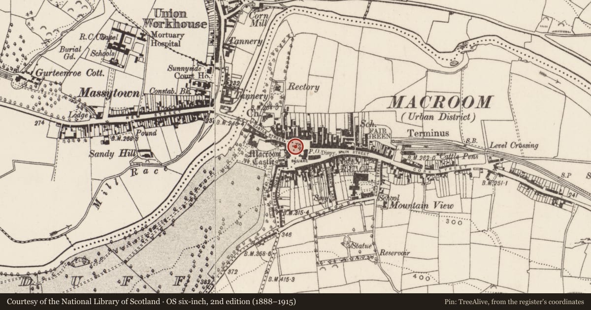 Ordnance Survey six-inch map, 2nd edition (1888–1915) covering the location of Historic town, Sleveen East, County Cork, with a pin at the register's coordinates