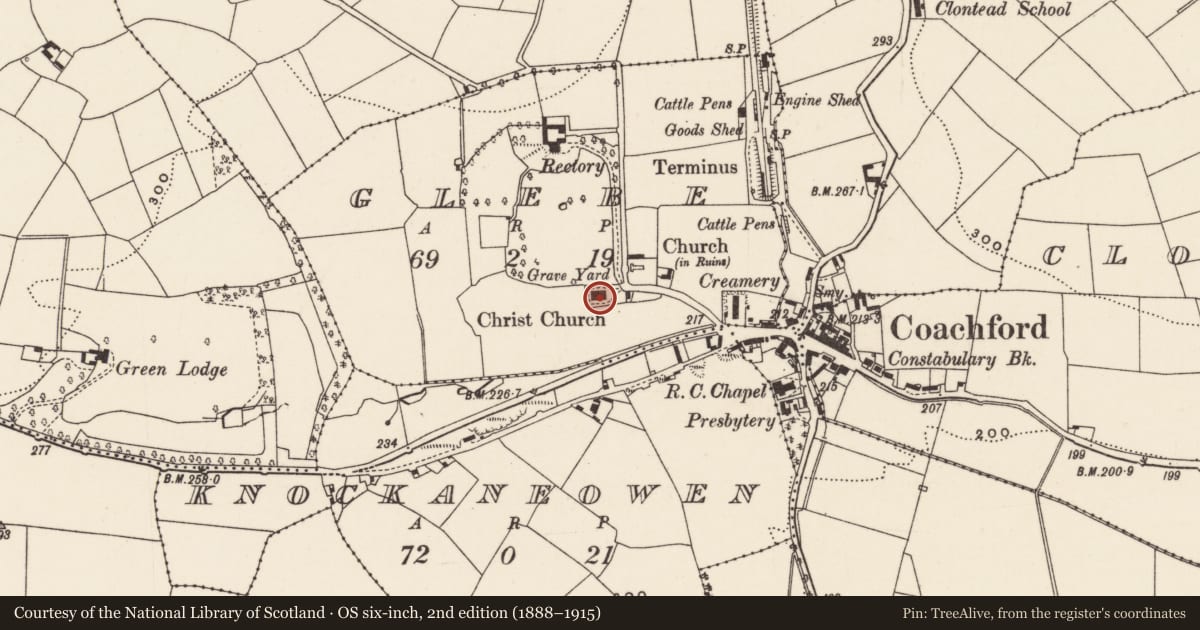 Ordnance Survey six-inch map, 2nd edition (1888–1915) covering the location of Church, Glebe, County Cork, with a pin at the register's coordinates
