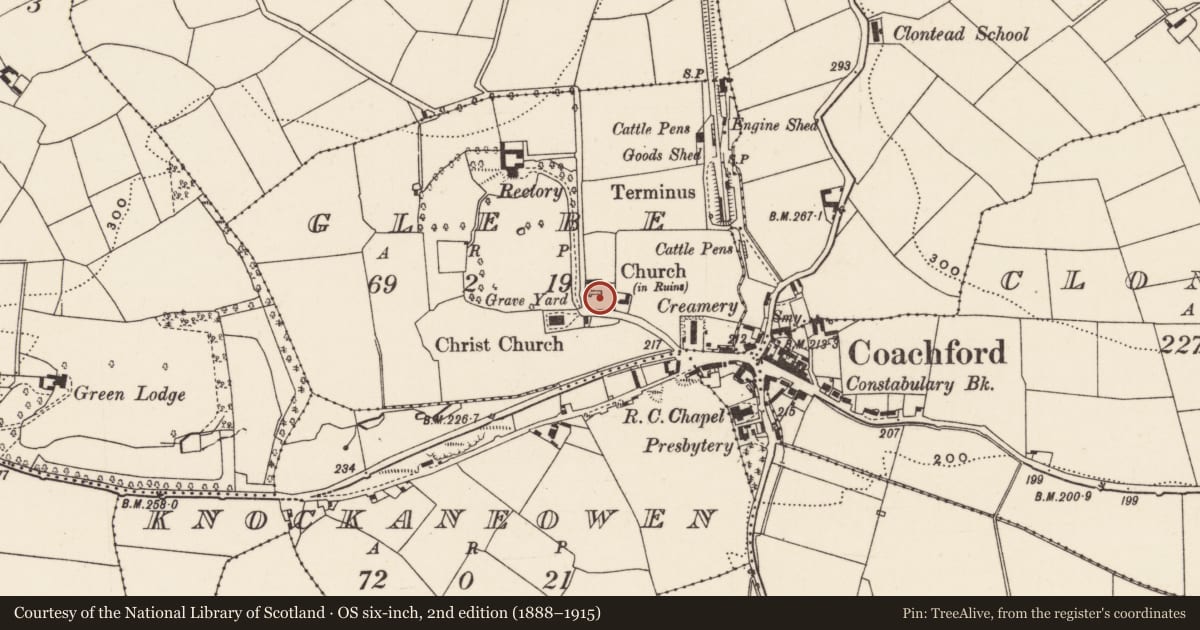 Ordnance Survey six-inch map, 2nd edition (1888–1915) covering the location of Graveyard, Glebe, County Cork, with a pin at the register's coordinates