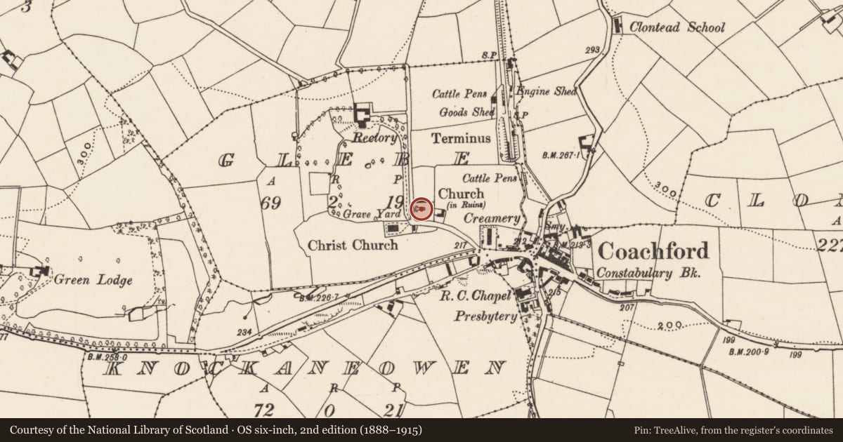Ordnance Survey six-inch map, 2nd edition (1888–1915) covering the location of Church, Glebe, County Cork, with a pin at the register's coordinates