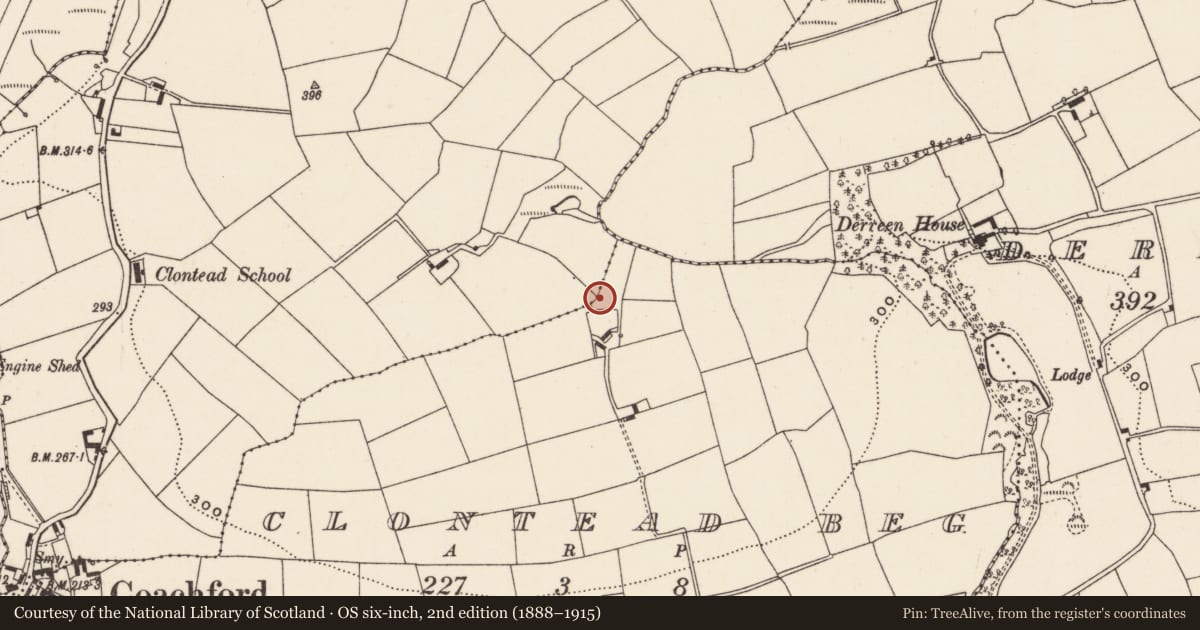 Ordnance Survey six-inch map, 2nd edition (1888–1915) covering the location of Fulacht fia, Clontead Beg, County Cork, with a pin at the register's coordinates