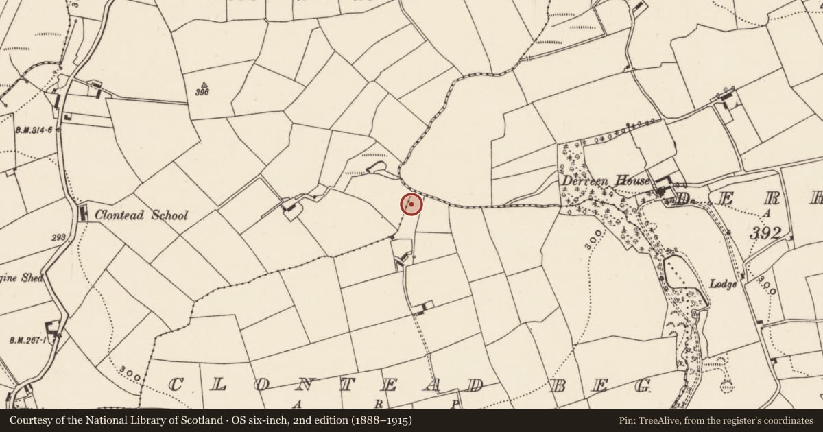Ordnance Survey six-inch map, 2nd edition (1888–1915) covering the location of Fulacht fia, Clontead Beg, County Cork, with a pin at the register's coordinates