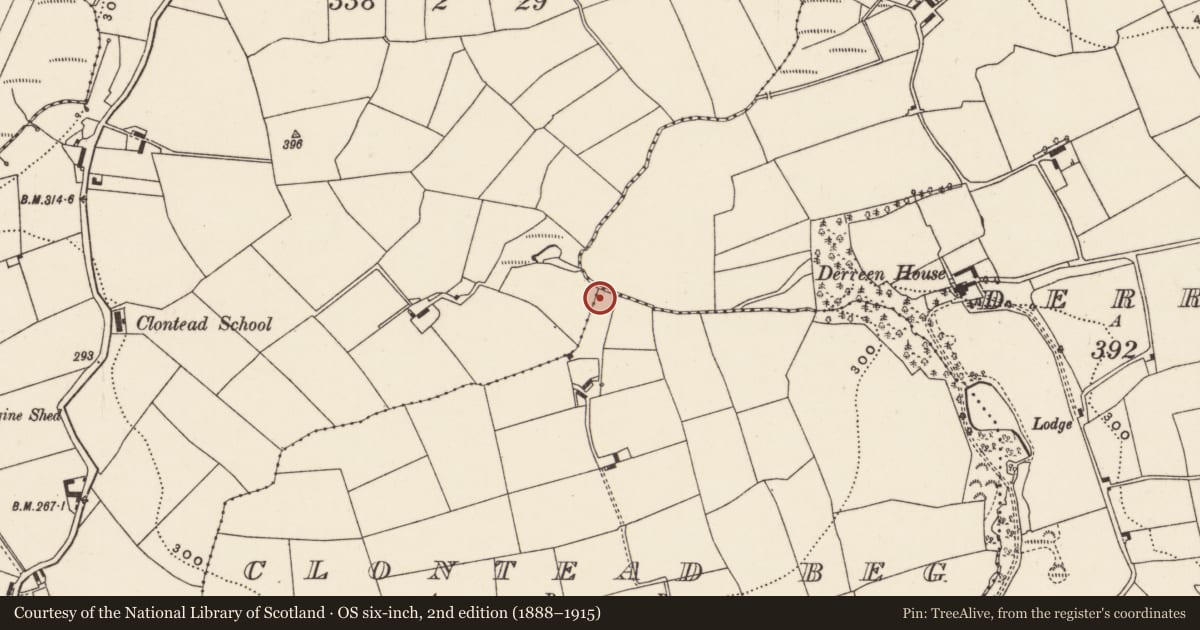 Ordnance Survey six-inch map, 2nd edition (1888–1915) covering the location of Fulacht fia, Clontead Beg, County Cork, with a pin at the register's coordinates