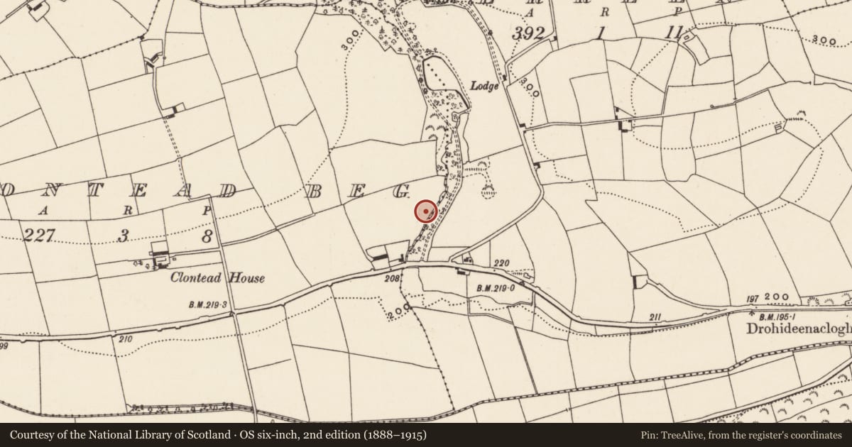 Ordnance Survey six-inch map, 2nd edition (1888–1915) covering the location of Fulacht fia, Clontead Beg, County Cork, with a pin at the register's coordinates