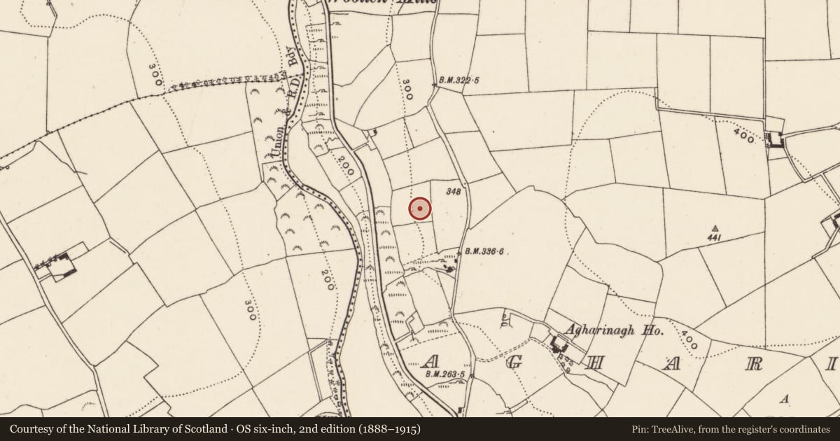 Ordnance Survey six-inch map, 2nd edition (1888–1915) covering the location of Fulacht fia, Agharinagh, County Cork, with a pin at the register's coordinates
