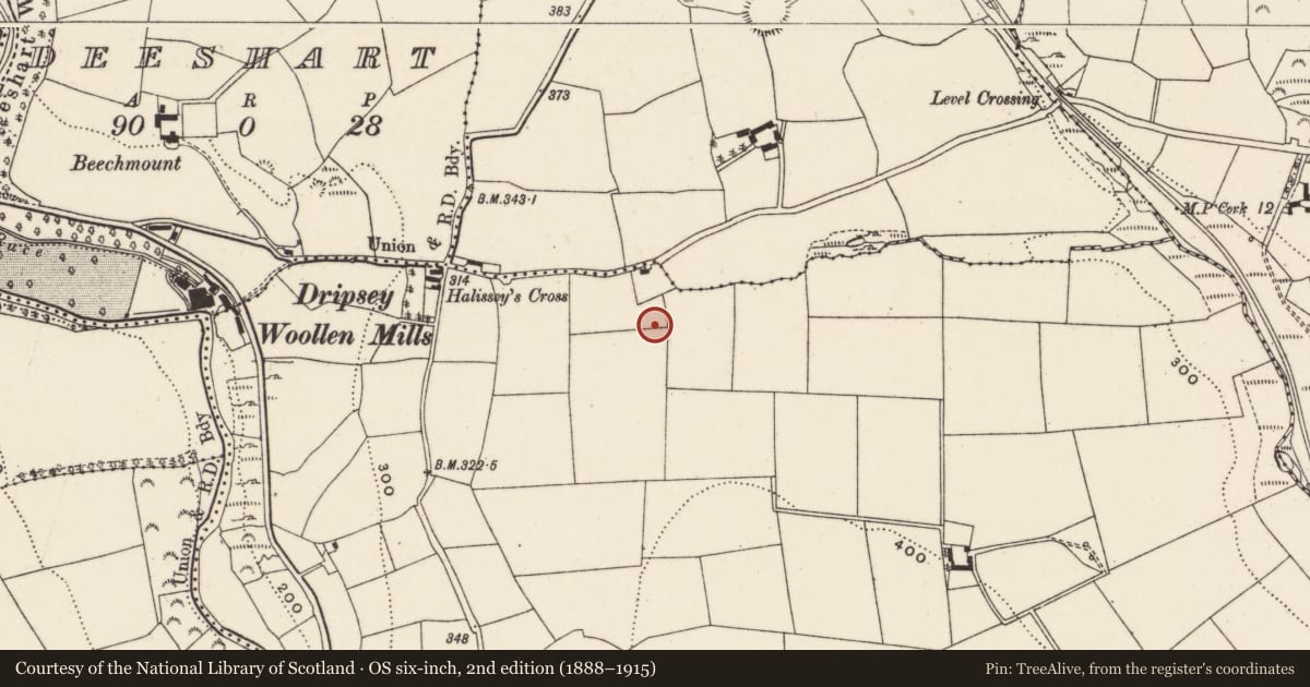 Ordnance Survey six-inch map, 2nd edition (1888–1915) covering the location of Enclosure, Agharinagh, County Cork, with a pin at the register's coordinates