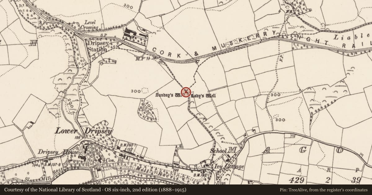 Ordnance Survey six-inch map, 2nd edition (1888–1915) covering the location of Ritual site - holy well, Agharinagh, County Cork, with a pin at the register's coordinates