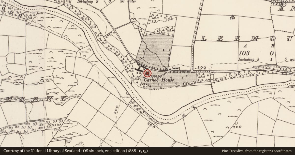 Ordnance Survey six-inch map, 2nd edition (1888–1915) covering the location of Country house, Carhoo Lower, County Cork, with a pin at the register's coordinates