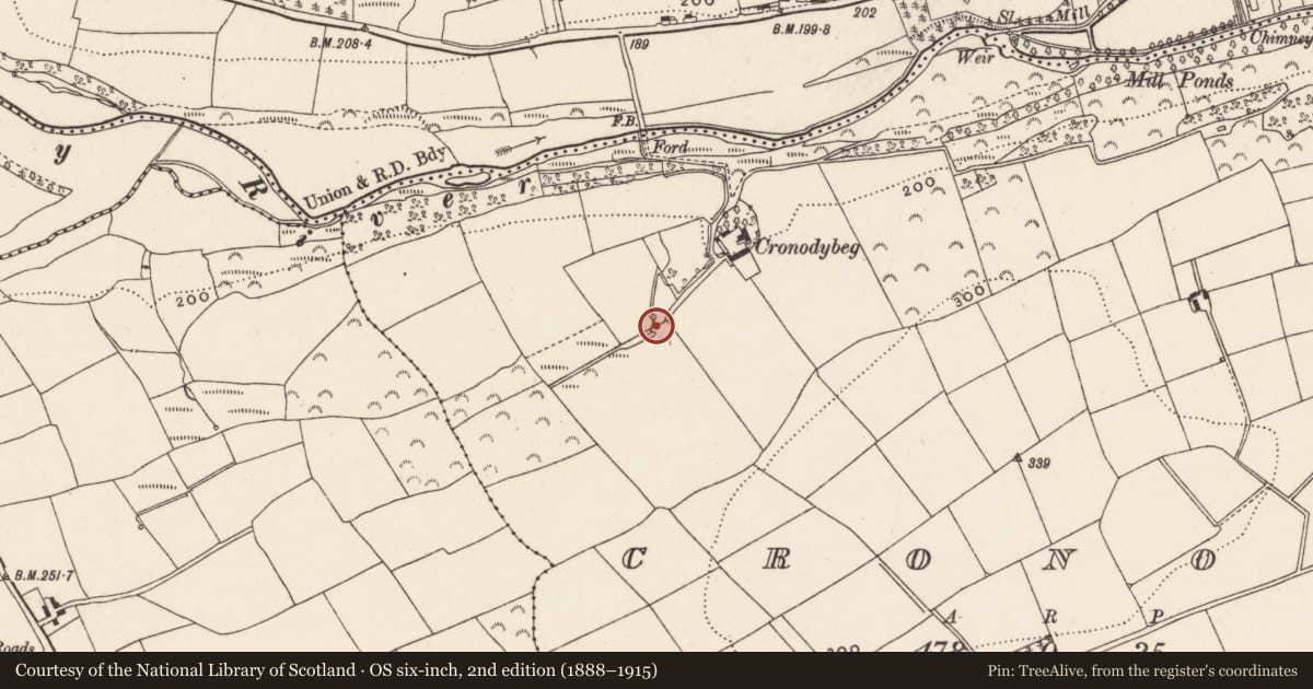 Ordnance Survey six-inch map, 2nd edition (1888–1915) covering the location of Fulacht fia, Cronody, County Cork, with a pin at the register's coordinates