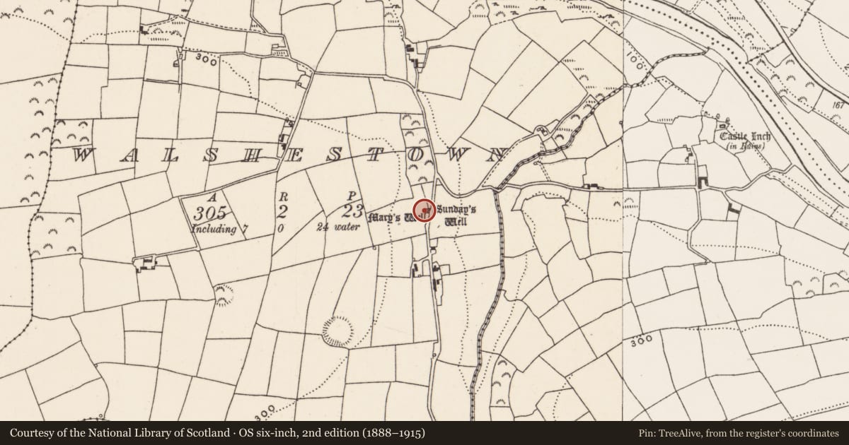 Ordnance Survey six-inch map, 2nd edition (1888–1915) covering the location of Ritual site - holy well, Walshestown, County Cork, with a pin at the register's coordinates