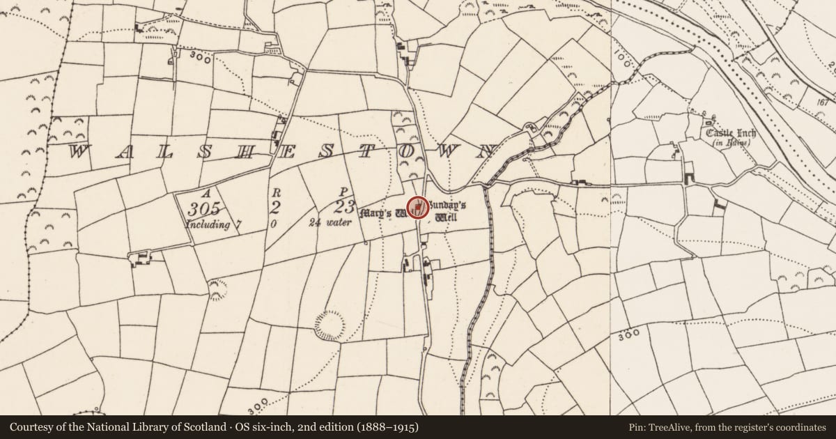 Ordnance Survey six-inch map, 2nd edition (1888–1915) covering the location of Ritual site - holy well, Walshestown, County Cork, with a pin at the register's coordinates