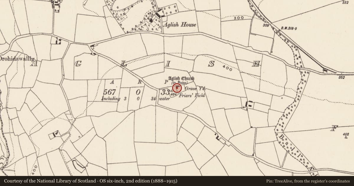 Ordnance Survey six-inch map, 2nd edition (1888–1915) covering the location of Church, Aglish, County Cork, with a pin at the register's coordinates