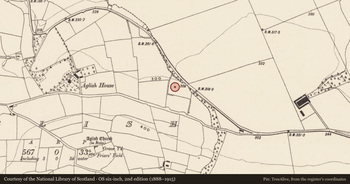 Ordnance Survey six-inch map, 2nd edition (1888–1915) covering the location of Fulacht fia, Aglish, County Cork, with a pin at the register's coordinates