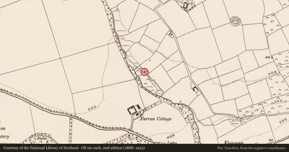 Ordnance Survey six-inch map, 2nd edition (1888–1915) covering the location of Fulacht fia, Ballineadig, County Cork, with a pin at the register's coordinates