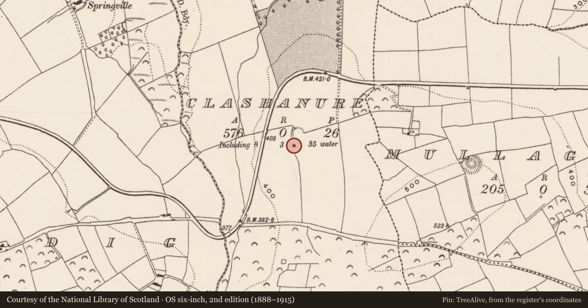 Ordnance Survey six-inch map, 2nd edition (1888–1915) covering the location of Ringfort - rath, Clashanure, County Cork, with a pin at the register's coordinates