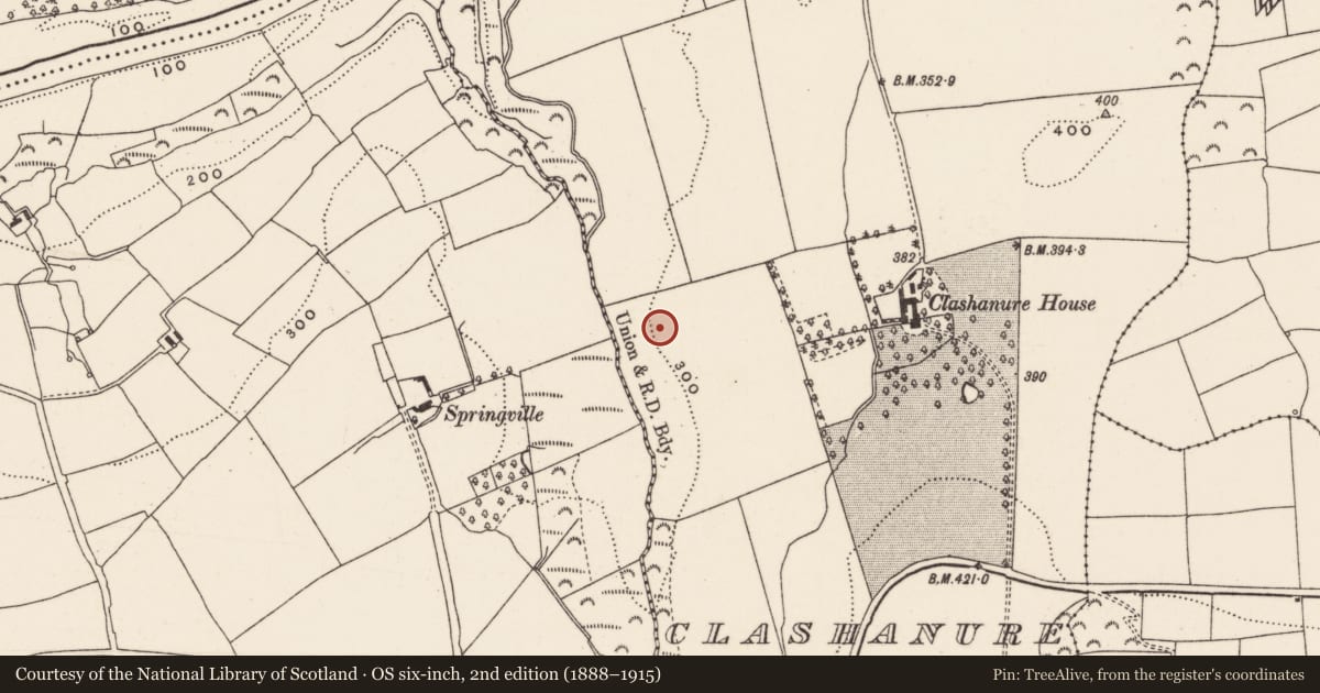 Ordnance Survey six-inch map, 2nd edition (1888–1915) covering the location of Ringfort - rath, Clashanure, County Cork, with a pin at the register's coordinates