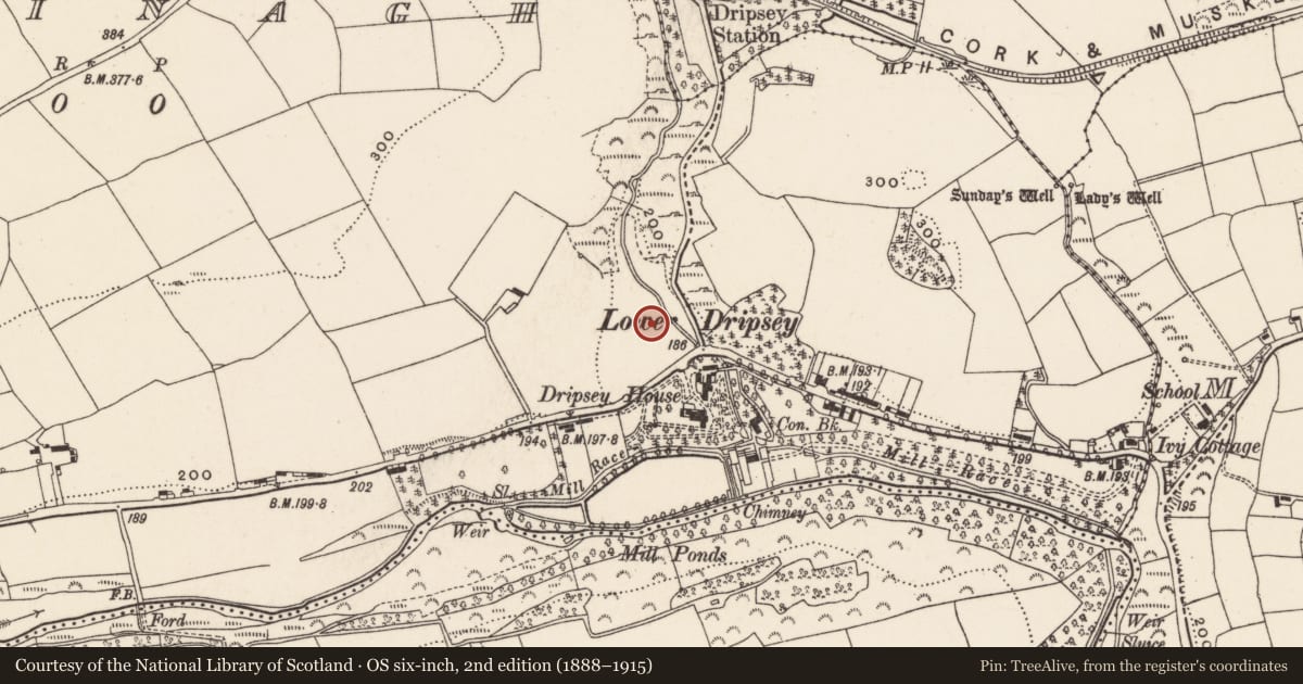 Ordnance Survey six-inch map, 2nd edition (1888–1915) covering the location of Fulacht fia, Agharinagh, County Cork, with a pin at the register's coordinates