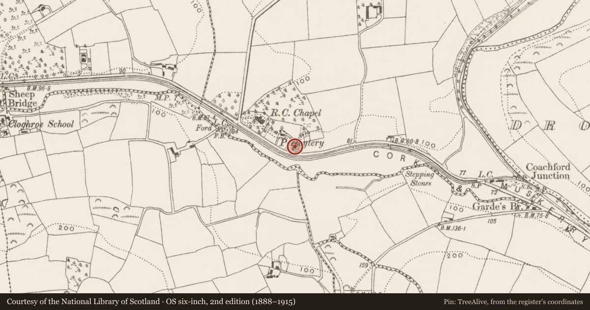 Ordnance Survey six-inch map, 2nd edition (1888–1915) covering the location of Bullaun stone, Coolflugh, County Cork, with a pin at the register's coordinates