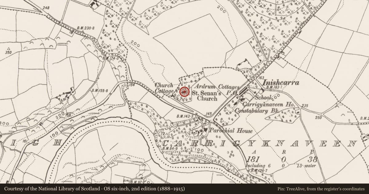 Ordnance Survey six-inch map, 2nd edition (1888–1915) covering the location of Church, Carrigyknaveen, County Cork, with a pin at the register's coordinates
