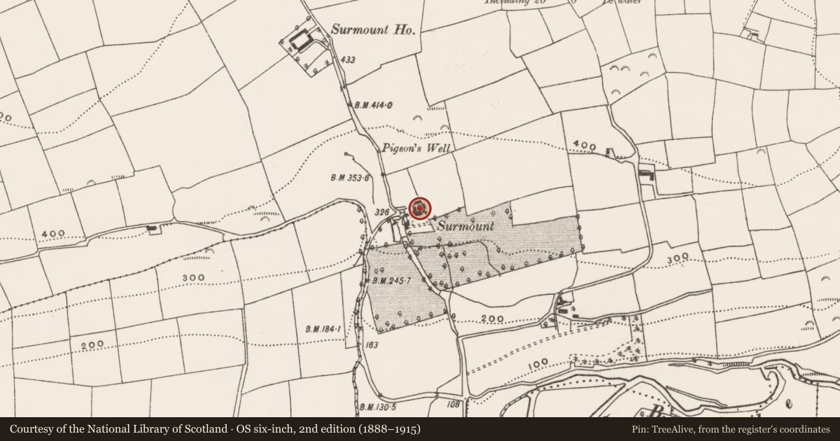 Ordnance Survey six-inch map, 2nd edition (1888–1915) covering the location of Country house, Curraghbeg, County Cork, with a pin at the register's coordinates