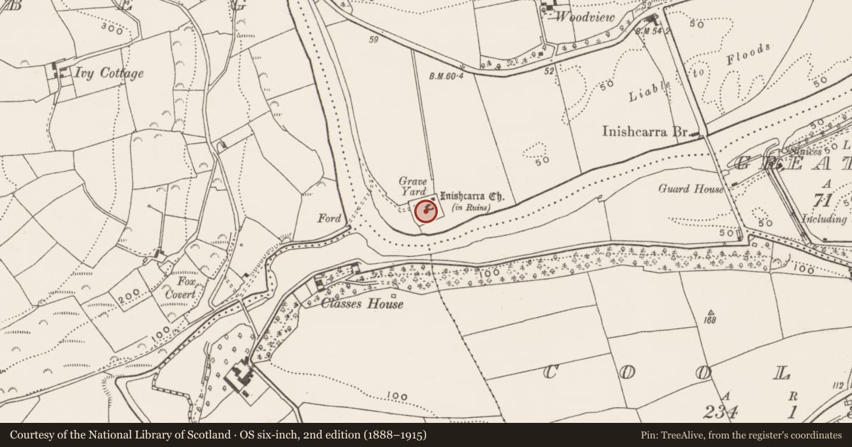 Ordnance Survey six-inch map, 2nd edition (1888–1915) covering the location of Graveyard, Garravagh, County Cork, with a pin at the register's coordinates