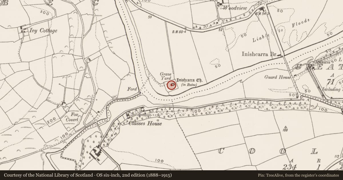 Ordnance Survey six-inch map, 2nd edition (1888–1915) covering the location of Church, Garravagh, County Cork, with a pin at the register's coordinates