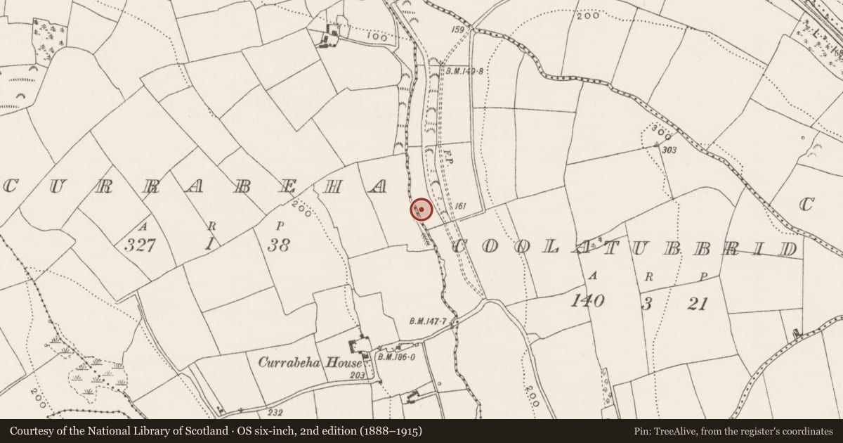 Ordnance Survey six-inch map, 2nd edition (1888–1915) covering the location of Fulacht fia, Coolatubbrid, County Cork, with a pin at the register's coordinates