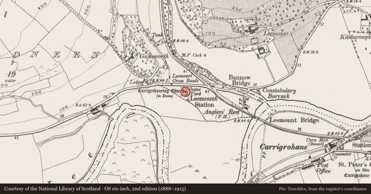 Ordnance Survey six-inch map, 2nd edition (1888–1915) covering the location of Graveyard, Carrigrohane Beg, County Cork, with a pin at the register's coordinates