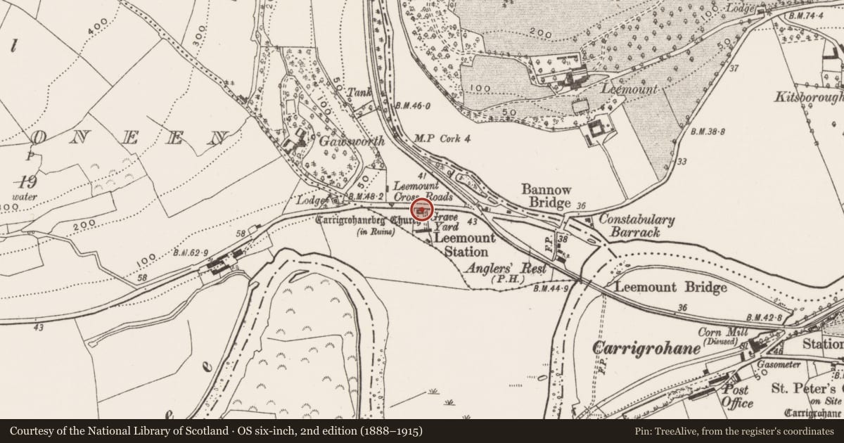 Ordnance Survey six-inch map, 2nd edition (1888–1915) covering the location of Church, Carrigrohane Beg, County Cork, with a pin at the register's coordinates